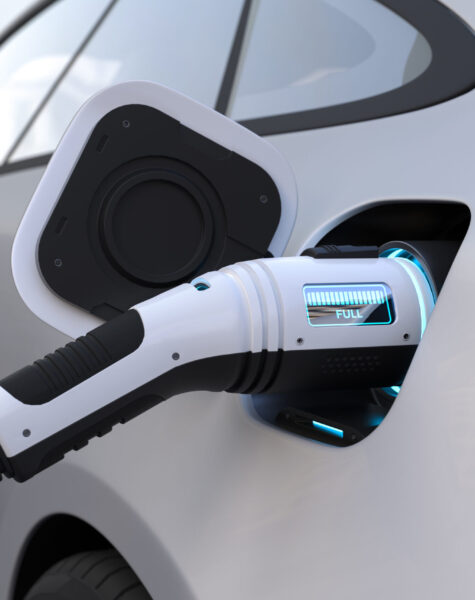 The electric car is fully charged with a battery, Charging techn The electric car is fully charged with a battery, Charging technology, Clean energy filling technology. 3D illustration