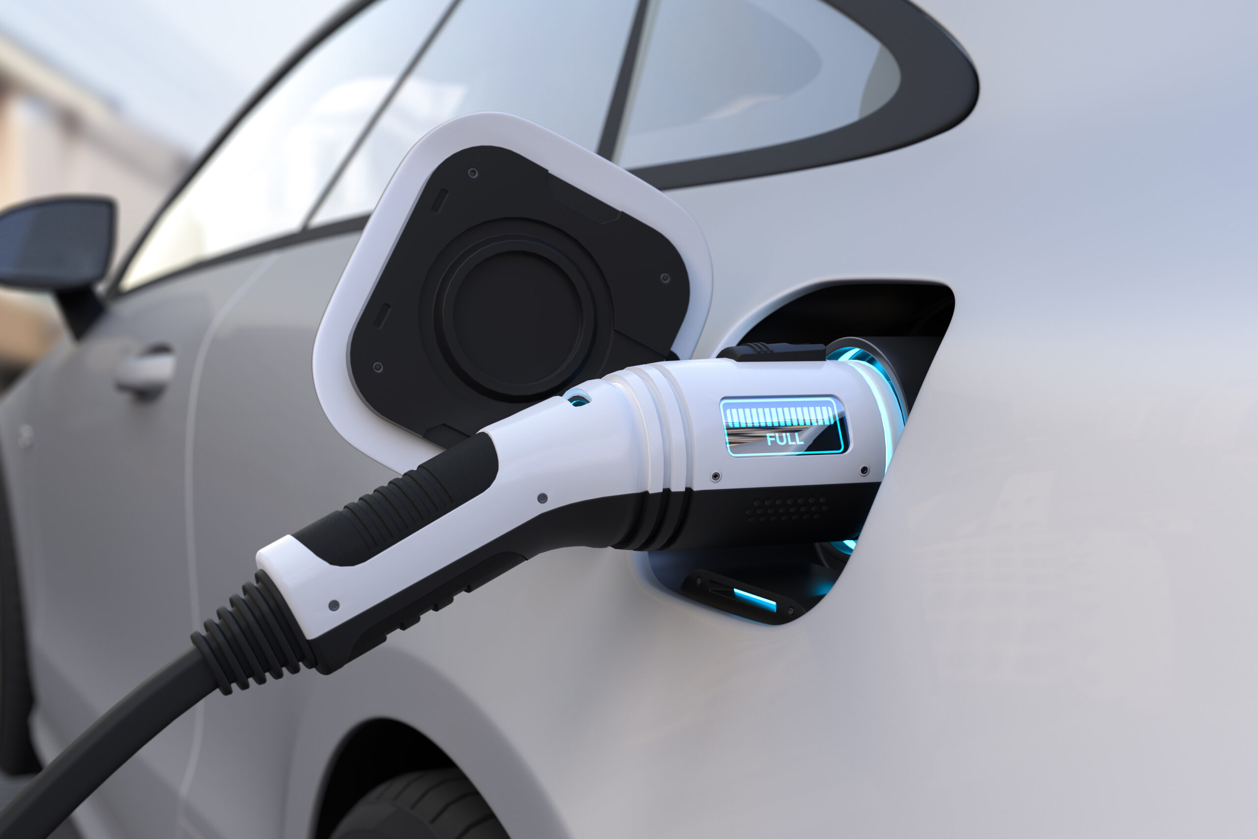 The electric car is fully charged with a battery, Charging techn The electric car is fully charged with a battery, Charging technology, Clean energy filling technology. 3D illustration