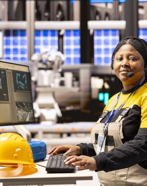 Female technician supervising automated production line Female technician with headset supervising automated production line, monitoring robotic arms and conveyor belts. Professional engineer uses digital interface on computer in smart manufacturing plant.
